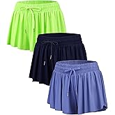 Yknktstc 3 Pack Womens 2 in 1 Flowy Running Shorts with Pockets Gym Yoga Athletic Workout Biker Spandex Lounge Sweat Skirt