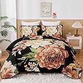 WONGS BEDDING Black Boho Floral Quilt Set Queen, Elegant Gold Flower Bedspread Coverlet Set for All Season, 3 Pieces Farmhouse Lightweight Reversible Bedding Set with 2 Pillow Shams 96"X90"