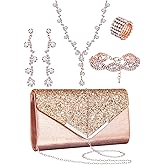 Henoyso 5 Pcs Purse Rhinestone Jewelry Set Prom Jewelry Rhinestone Clutch Purse Necklace Earrings Bracelets for Women Bride