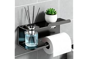 Kysren Toilet Paper Holder with Shelf & Aromatherapy Slot, Adhesive Wall Mounted Toilet Roll Holder, Matte Aluminum Rustproof