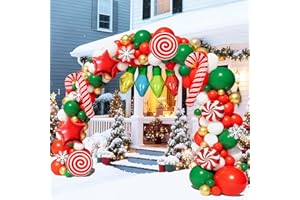 JINNYWOO Christmas Balloon Garland Arch Kit, 158Pcs Red Green Gold White Balloons with Xmas Light Bulb Candy Cane Foil Balloon for Christmas Birthday New Year Party Decorations