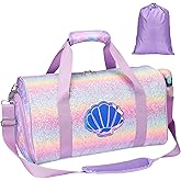 Bagseri Dance Bag for Girls - Kids Duffle with Shoe Compartment, Gymnastics Tote for Sleepover Travel with Water Resistant Wet Pocket (Glitter Mermaid, Purple)