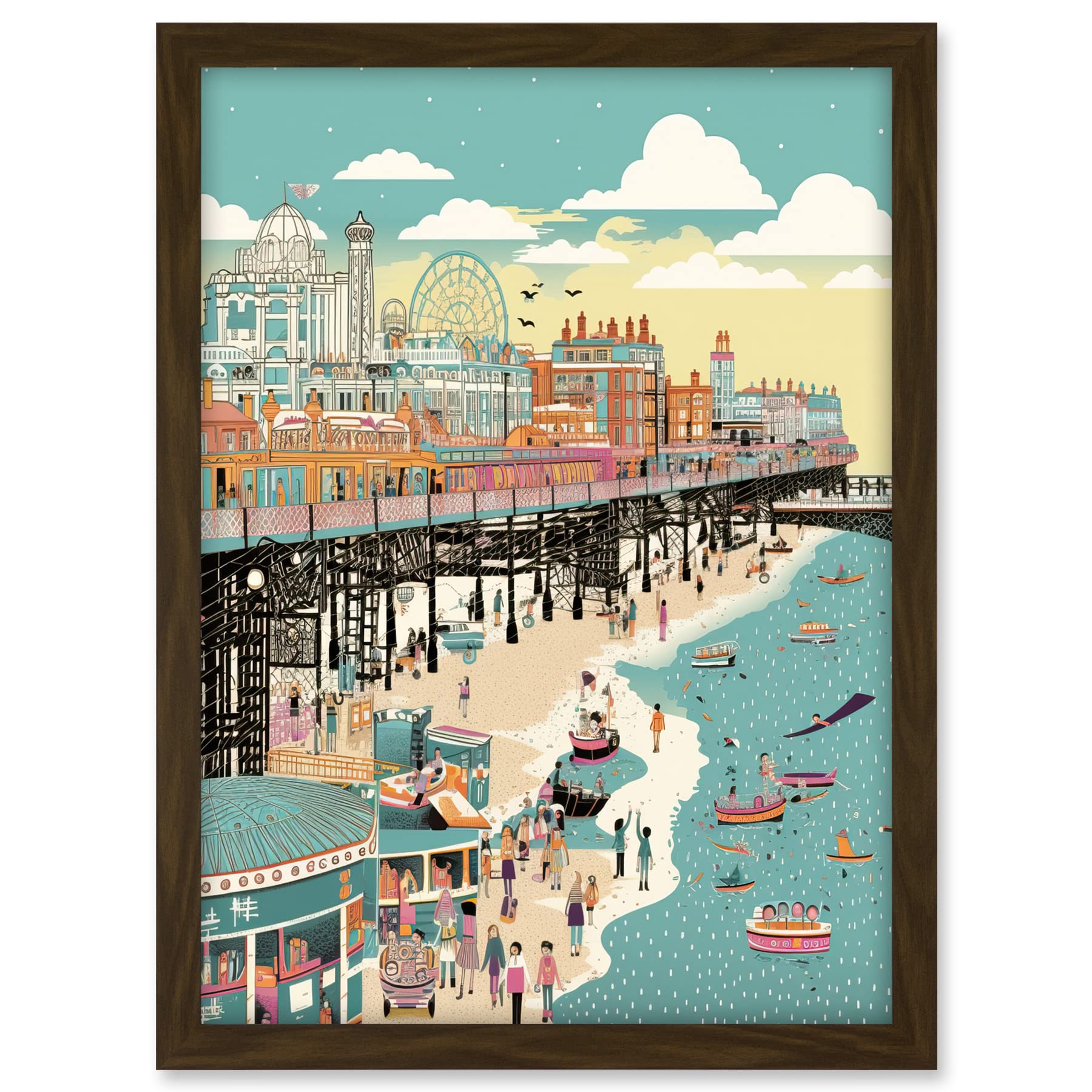 Artery8 Brighton Beach Pier and Sandy Summer Scene Artwork Framed A3 Wall Art Print