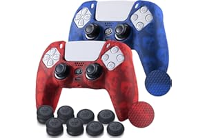YoRHa Grip Texture Silicone Skin for PS5 Controller x 2(Skulls Red+Blue) with Pro Thumb Grips x 8