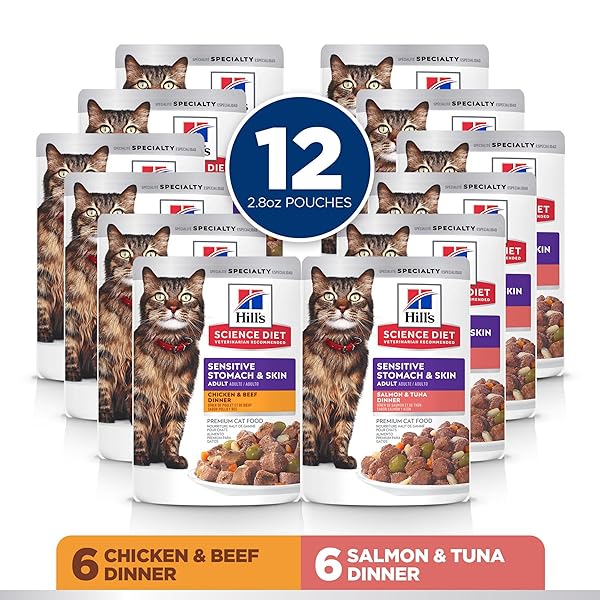 HILL’S SCIENCE DIET ADULT SENSITIVE STOMACH & SKIN WET CAT FOOD VARIETY PACK, CHICKEN & BEEF, SALMON & TUNA, 2.8 OZ. POUCHES, 12-PACK