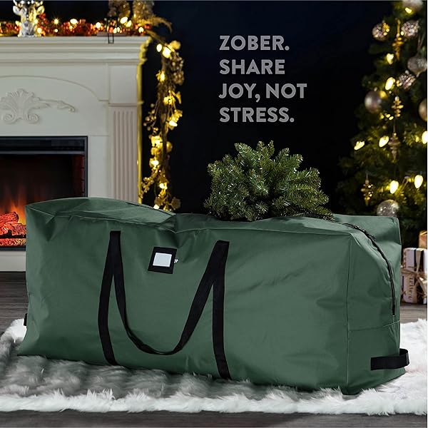 ZOBER 600D OXFORD FABRIC LARGE CHRISTMAS TREE STORAGE BAG – FITS 9 FT ARTIFICIAL TREES – TEAR PROOF WATERPROOF CHRISTMAS TREE BAG FOR STORAGE BOX FOR XMAS – STRONG, DURABLE HANDLES – CARD SLOT – GREEN