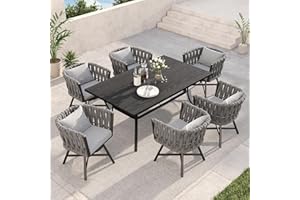 Grand patio 7-Piece Outdoor Dining Set for 6, Patio Dining Furniture Set for 6 Swivel Rope Wicker Chairs & 1 Bent Legs Rectangular Dining Faux Woodgrain Table with Umbrella Hole, Grey