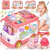 AmiDear Baby Gift for 1-2 Year Old Girl, 10-in-1 Montessori Toys Bus for Baby 6-12-18 Months+, Educational Musical Sensory Learning Toddler Toys Age 1-2, First Christmas and Birthday Gifts Pink