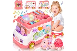AmiDear Baby Gift for 1-2 Year Old Girl, 10-in-1 Montessori Toys Bus for Baby 6-12-18 Months+, Educational Musical Sensory Learning Toddler Toys Age 1-2, First Christmas and Birthday Gifts Pink