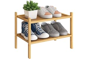 BMOSU 2-Tier Bamboo Small Shoe Rack Premium Stackable Shoe Shelf Storage Organizer for Hallway Closet Living Room Entryway Organizer(Natural)