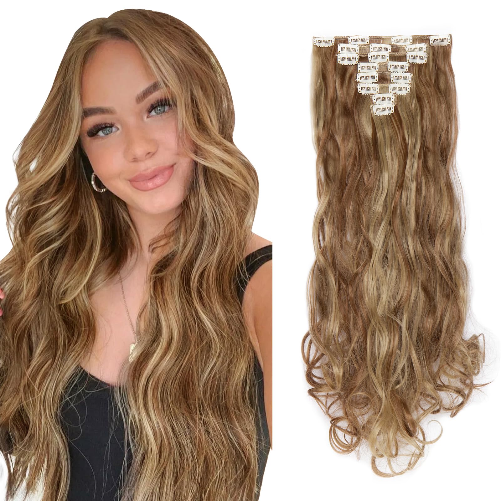 8Pcs 18Clips Full Head Clip in Hair Extensions Long Curly Synthetic Thick Hair Extension Ombre Wavy Hairpiece for Women 24" Light Brown mix Ash Blonde