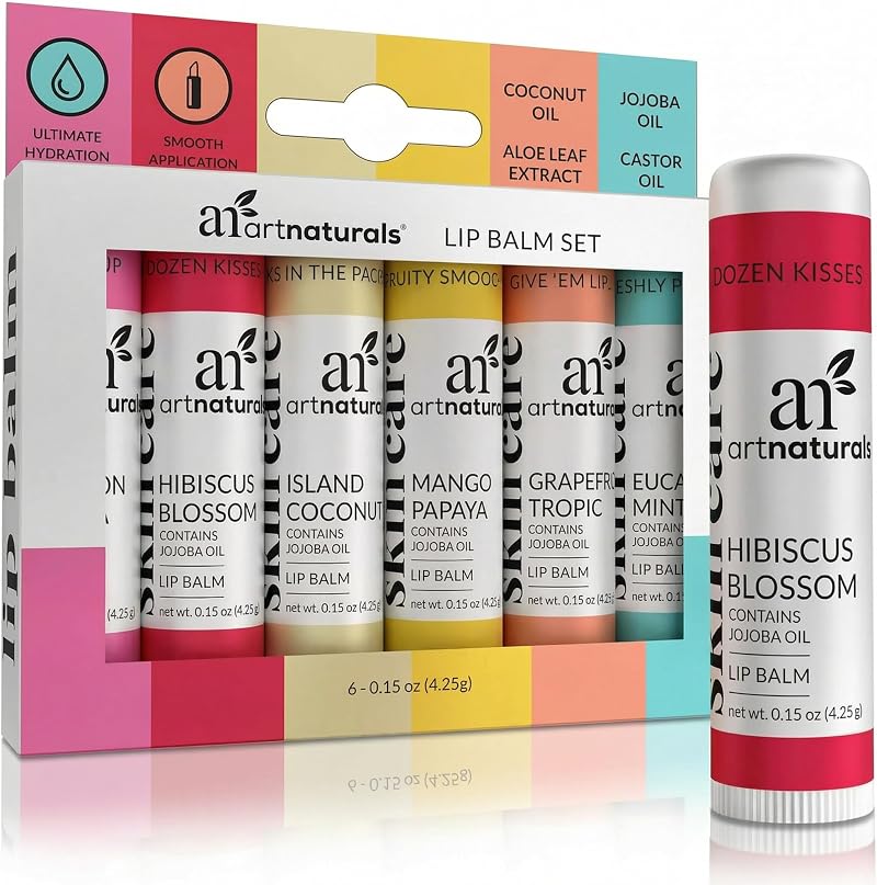 Artnaturals Natural Lip Balm 6-Pack Assorted Flavors Beeswax with Oils
