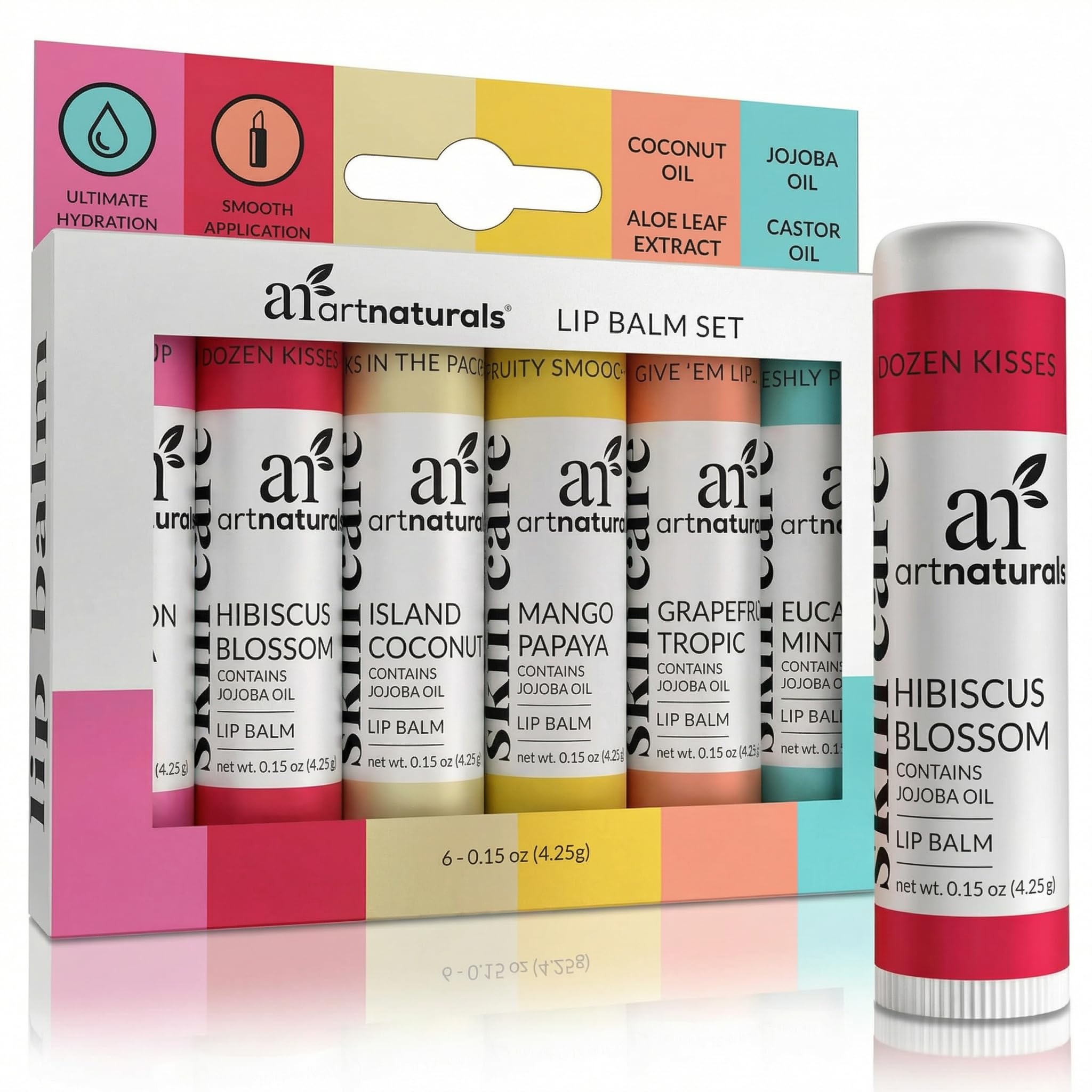Artnaturals Natural Lip Balm Beeswax - Gift Set of Assorted Flavors - Chapstick for Dry, Chapped & Cracked lips - Lip Repair Therapy with Aloe Vera, Coconut, Castor & Jojoba Oil (Pack of 6)