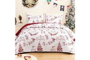 Exclusivo Mezcla Christmas Quilts Queen Size, Red Reversible Bedspread Lightweight Coverlet Winter Quilt Bedding Set with Printed Trees Reindeer Wreaths Pattern (1 Quilt, 2 Pillow Shams)