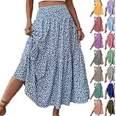 Womens Floral Maxi Skirt with Pockets Cute Tiered Smocked High Waisted Skirts Summer Casual Boho A Line Long Skirts