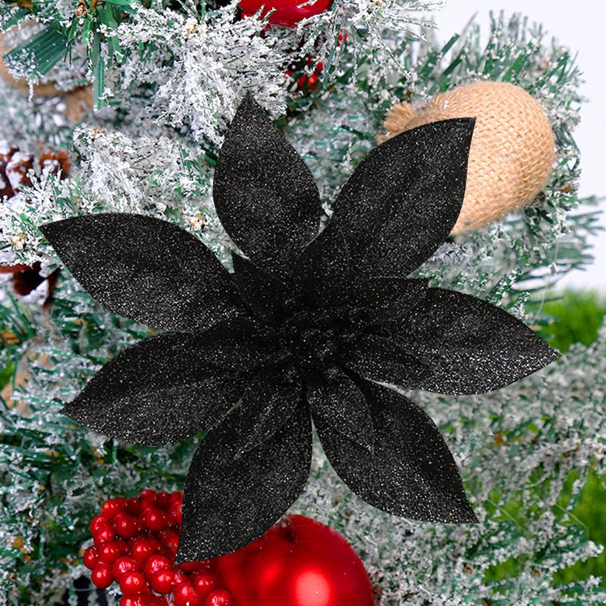 Yueshop 10 Pcs Glitter Christmas Flowers with Artificial Poinsettia Flower Christmas Tree Flower Decorations Xmas Tree Ornaments (Black, 15CM)