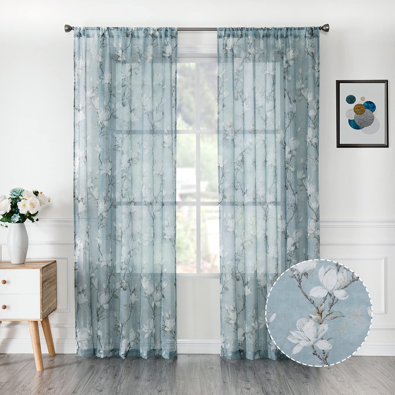 Tollpiz Floral Blue Short Sheer Curtains Flower Print Vine Embroidery Bedroom Curtain Rod Pocket Voile Window Curtains for Living Room, 54 x 45 inches Long, Set of 2 Panels