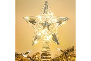 Brizled Silver Star Tree Topper Lights, 8"Hollow-Out Christmas Star Treetop with 20 LED Warm White Lights, Battery Powered Christmas Tree Top Star for Xmas Tree Indoor Party Home Office Decoration