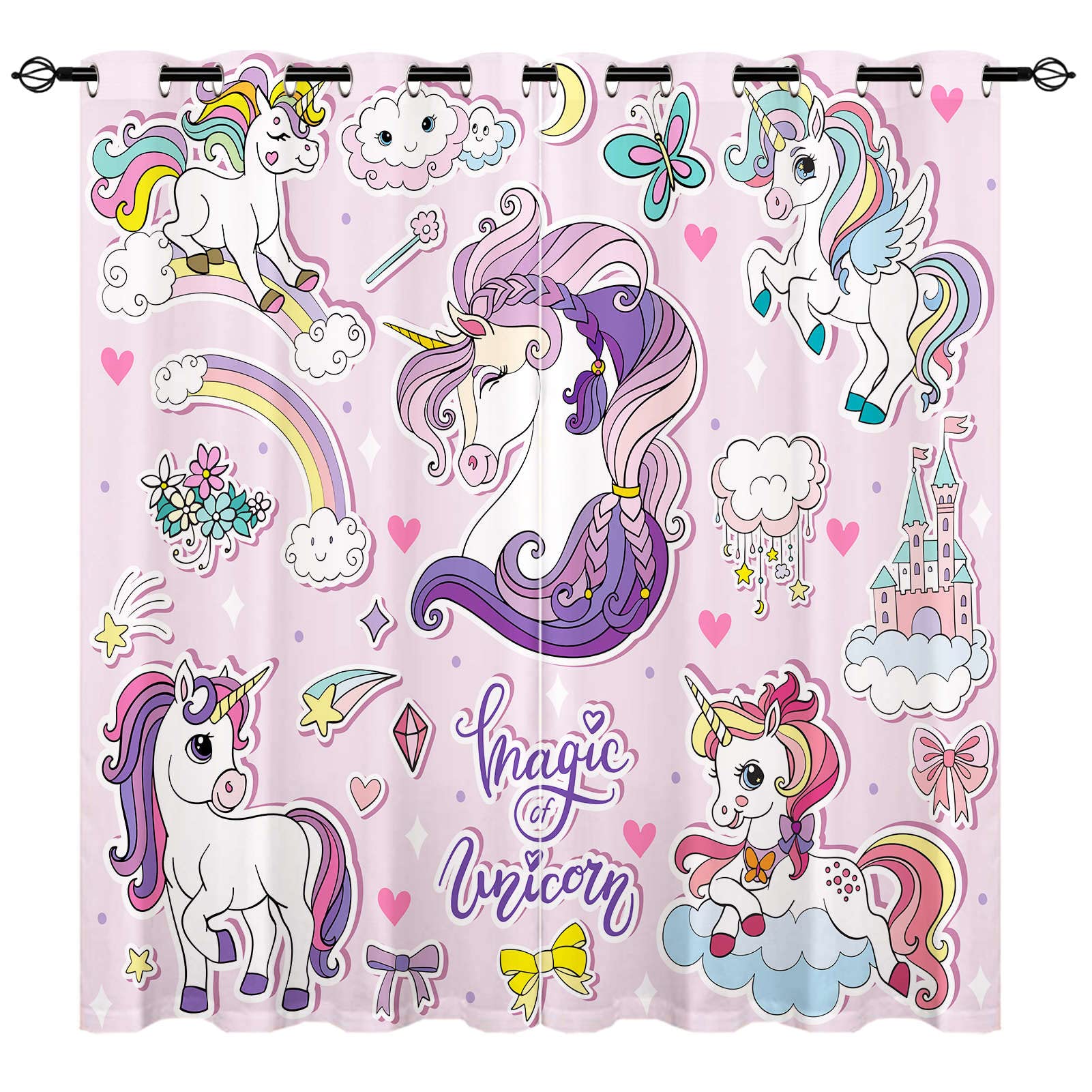 YUANZU Unicorn Curtains - Kids Cute Cartoon Magic Element Rainbow Animal Print Pattern Eyelet Blackout Room Darkening Window Drapes for Boys Girls Baby Nursery Bedroom 2 Panels W75cm x D166cm — image 1