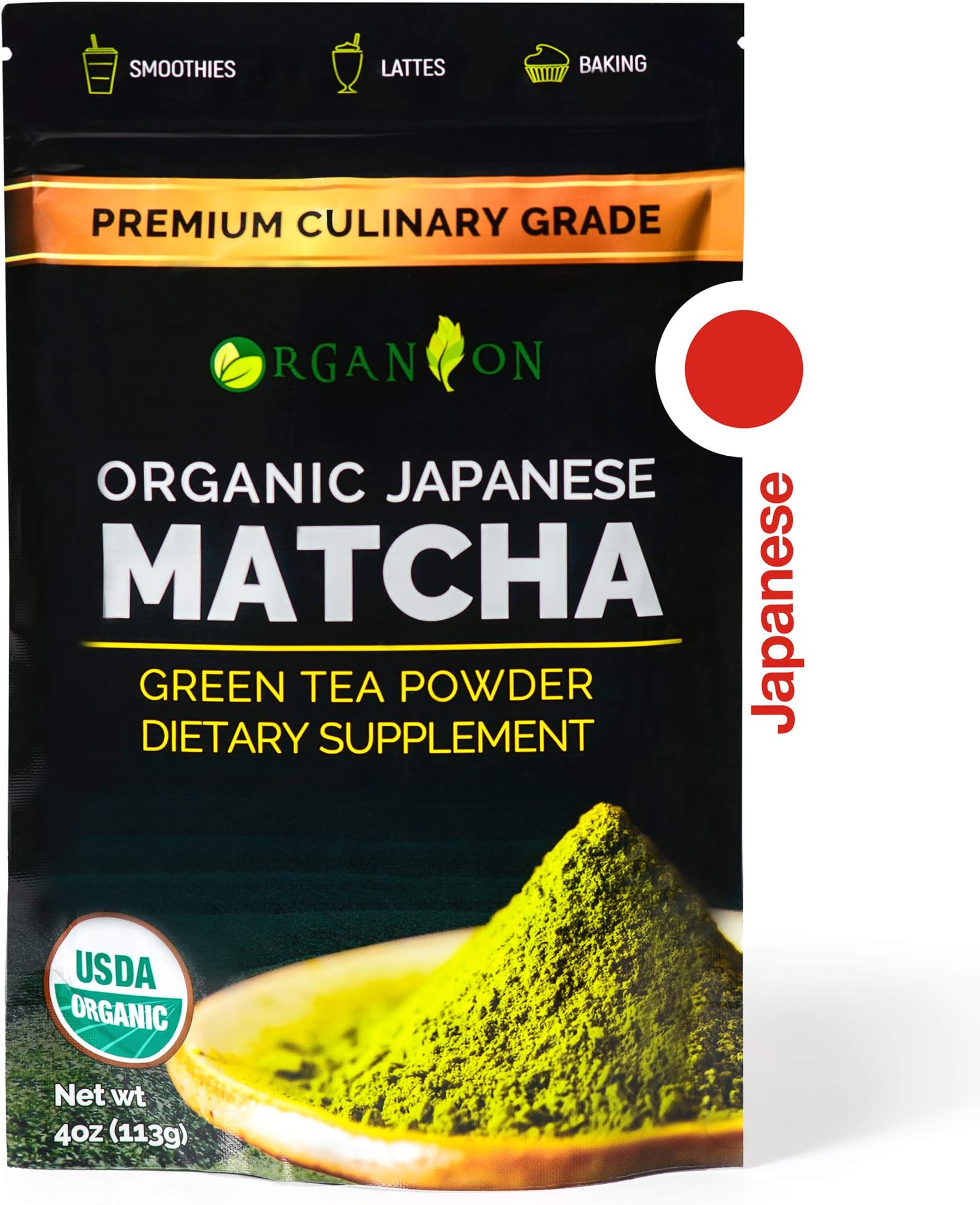 Organion Matcha Green Tea Powder (113 g) – Organic Japanese Premium – USDA & JONA Certified – Non-GMO & Gluten, Unsweetened, Vegan – Best Culinary Grade for Latte, Iced Chai, Smoothie, Baking