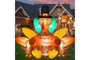 Danxilu 8FT Long Thanksgiving Inflatable Turkey Outdoor Decorations, Huge Inflatable Turkey with Chicks & Banner Built-in Rotating Colorful Lights Blow Up Yard Decoration for Party Holiday Garden