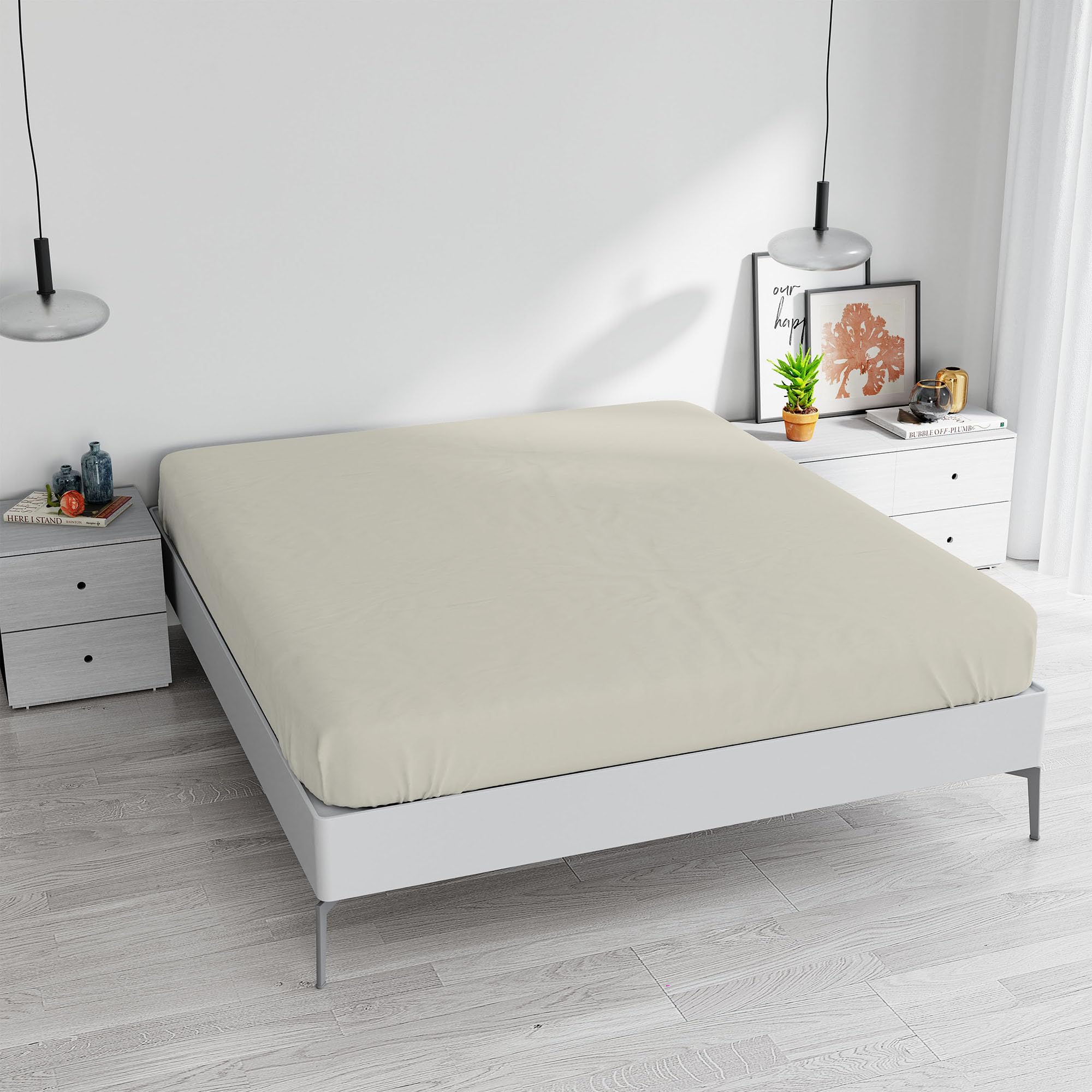 Fitted Sheet with Corners for Double Bed, Cotton, Made in Italy, Bed Linen 170 x 200 cm with Elasticated Corner, 25 cm, Cream