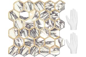 STICKGOO Hexagon Peel and Stick Backsplash Tile, Stick on Backsplash for Kitchen and Bathroom, Glossy Calacatta Viola Marble PVC Mixed Metal Gold Self Adhesive Wall Tiles(10 Sheets, Seamless)