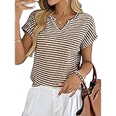EVALESS Womens Dressy Casual Cap Short Sleeve Tops Trendy Summer V Neck Loose Striped Casual Basic T Shirts Tee Blouses