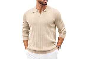 COOFANDY Mens Sweaters Polos Long Sleeve V Neck Knit Polo Lightweight Casual Pullover Sweater