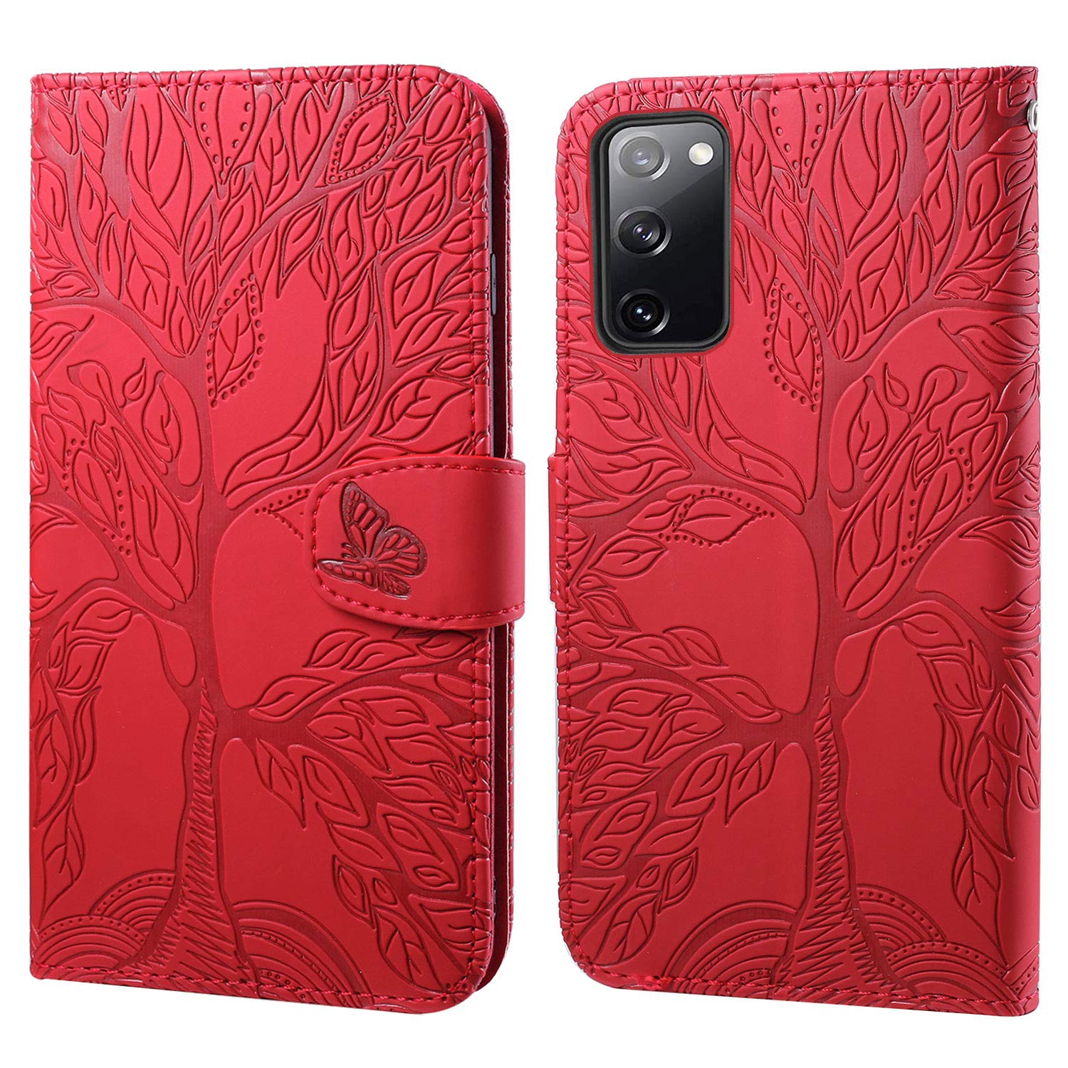 Aisenth for Samsung Galaxy S20 FE 5G Flip Case, The Tree of Life Embossed PU Leather Wallet Phone Folio Case Magnetic Protective Cover with Kickstand, Card Slots with Wrist Strap (Red)