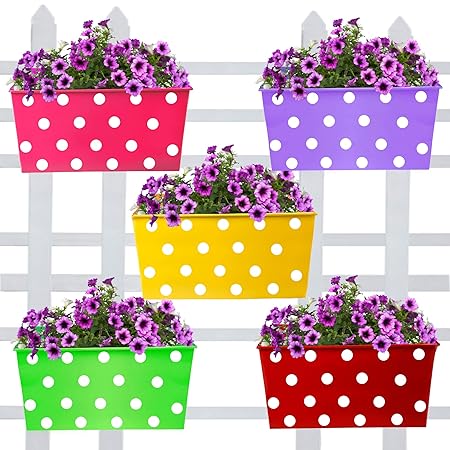 TrustBasket Rectangular Dotted Balcony Railing Garden Flower Pots/planters - Set of 5