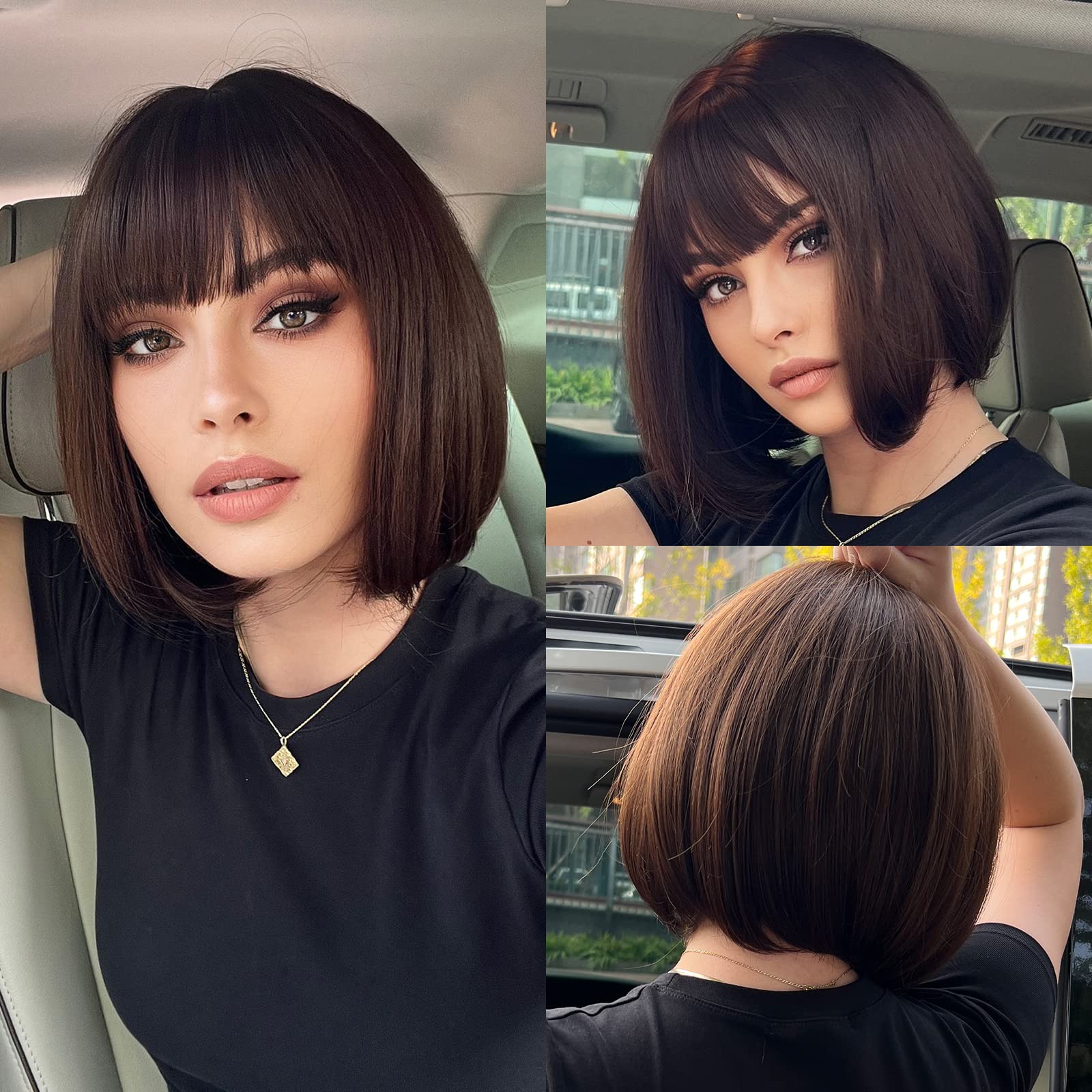 HAIRCUBE Straight Short Bob with Bangs Wigs for Women Nature Heat Resistant Synthetic Fiber Party/Cosplay/Costume/Daily Wig (Dark Brown)