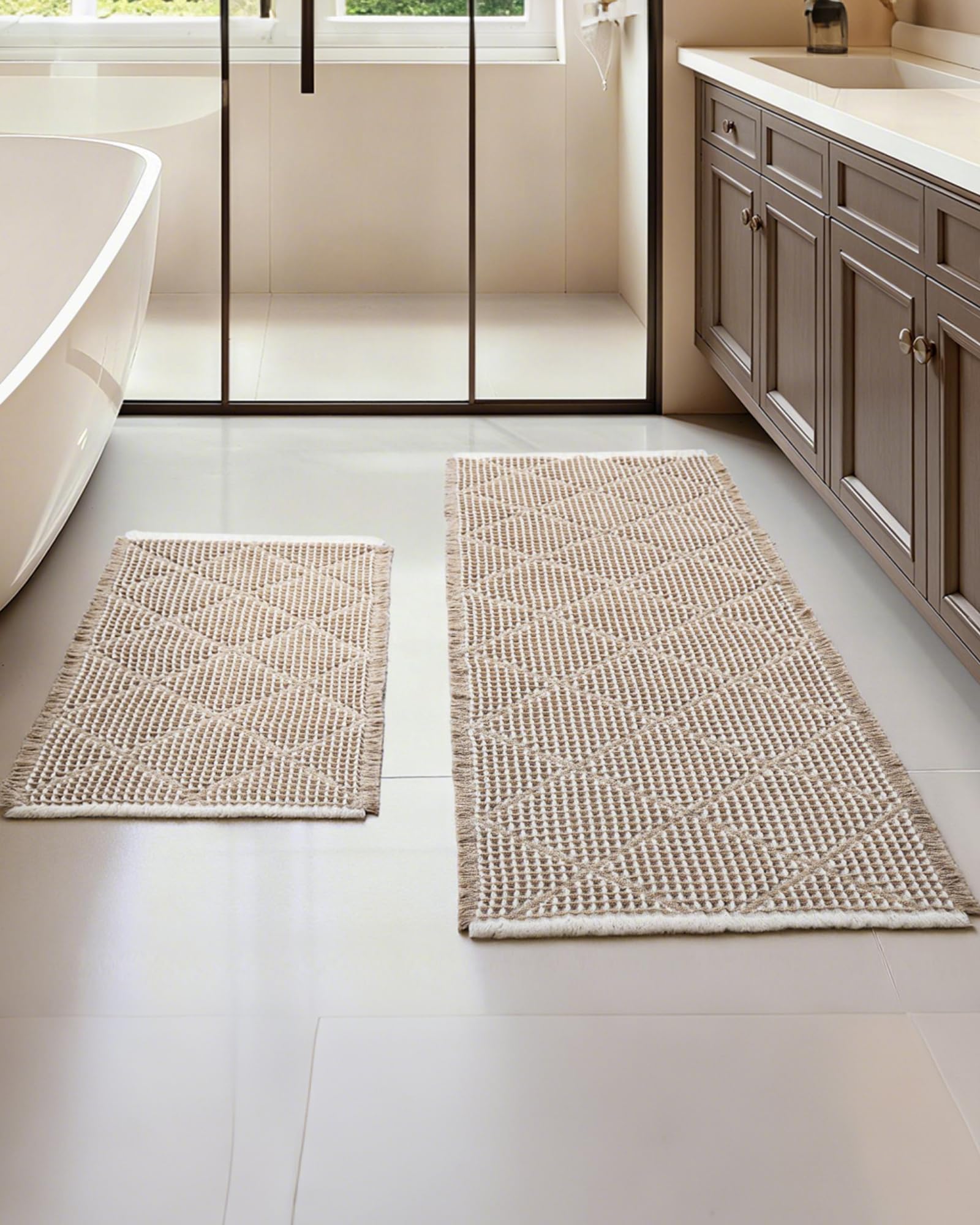 Photo 1 of (ONLY 1) Furicher Waffle Bath Mat Set, Non Slip Bathroom Rugs Sets 2 Piece, Ultra Absorbent Long Bath Rug Runner for Bathroom Boho Chic Decor, Machine Washable Floor Mats, Brown & White, 20"×47" Plus 18"×30"