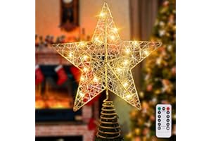 AUMAYCO Gold Christmas Tree Topper Star with 20 Warm White LED Lights, Remote Control Star Tree Topper for Christmas Tree Decorations and Xmas Holiday Seasonal Décor, 11.8 x 9.5 Inch, Battery Required