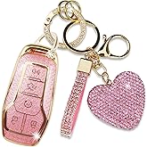 Simocky Key Fob Cover with Heart Keychain, Girly Car Key Shell Case for Women, Compatible with Ford Fusion Mustang F150 Edge Explorer Lincoln MKZ MKC MKX Smart Remote Key Protector (5 Buttons-Pink)