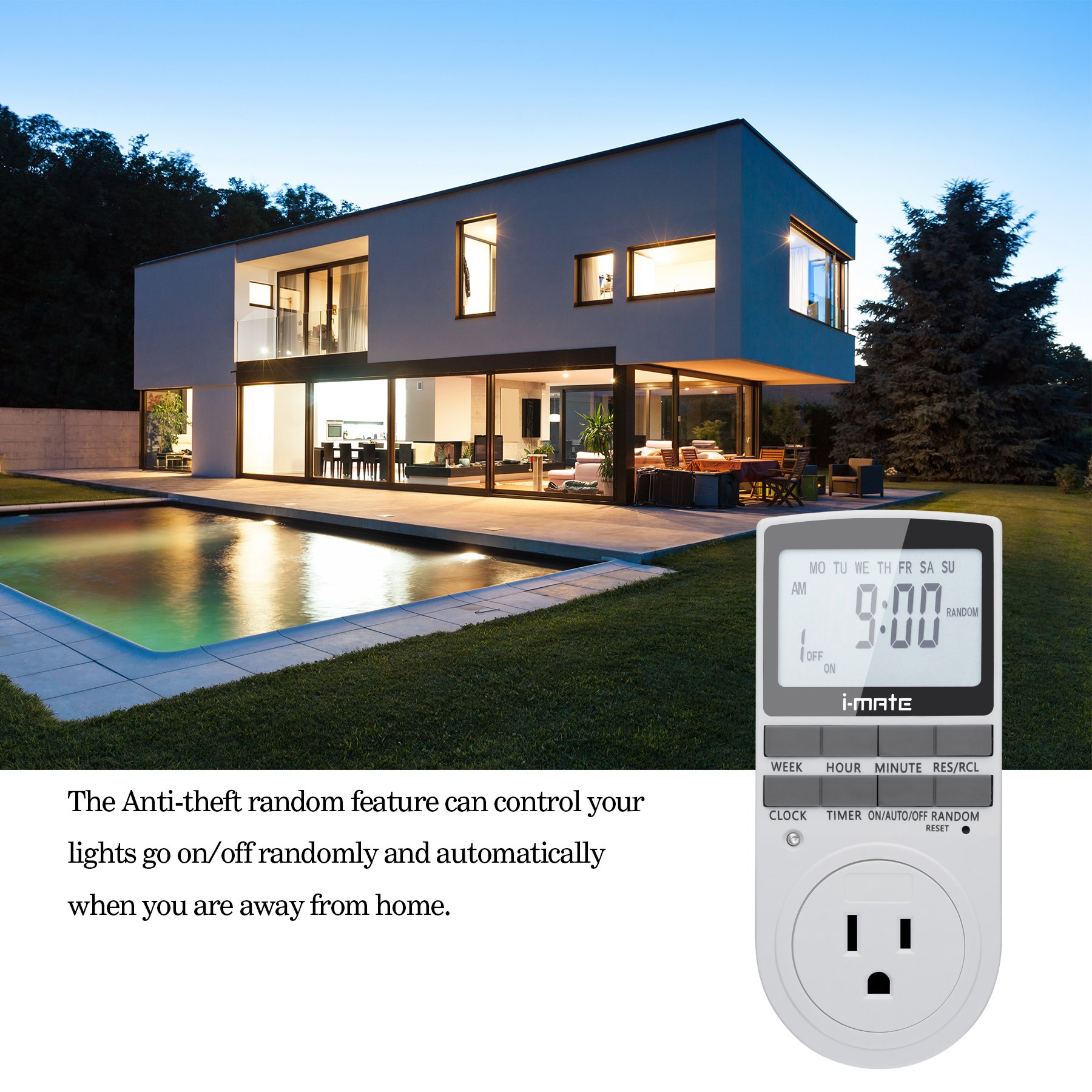 i-Mate 7-day Programmable Plug-in Digital Timer Switch Large LCD Display with Programmable Daily/Weekly Schedule Compatible with 120V, 3-Prong Wall Outlets for Lights and Appliances