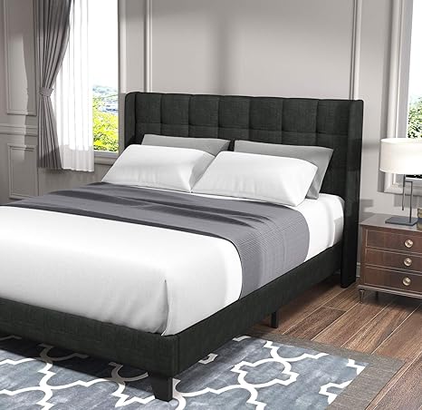 Amazon Com Allewie Queen Size Platform Bed Frame With Wingback Fabric Upholstered Square Stitched Headboard And Wooden Slats Mattress Foundation Box Spring Optional Easy Assembly Grey Kitchen Dining