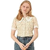Allegra K Women's Peter Pan Collar Shirt Lace Trim Floral Embroidered 1940s Peasant Blouse