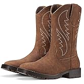 Rollda Cowboy Boots for Men Western Boots Men's Square Toe Chunky Heel Mid-Calf Boots Classic Embroidered Pull On Boots Brown Size 10