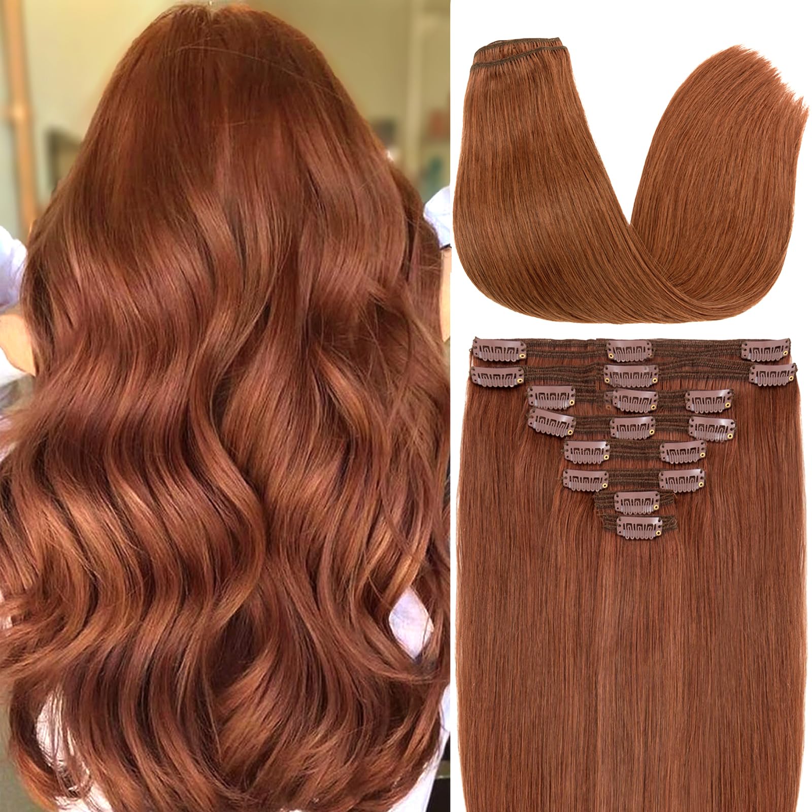 Photo 1 of S-noilite Clip in Hair Extensions Real Human Hair Double Weft Thick 100% Remy Human Hair for Women Full Head 8 Pieces 18 Clips Straight (22 inch - 160g,Dark Auburn (#33))