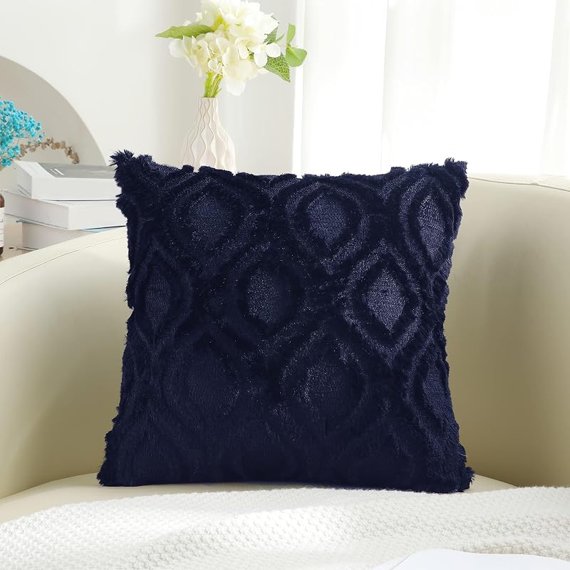 Set di 2 federe decorative per cuscini in morbida lana sintetica, per divano, per la casa, 45 x 45 cm, blu navy — foto 6 di 7