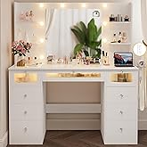 VQRhome White Vanity with Lighted 23.5” Mirror, Glass Top Vanity Desk with 9 Drawers & 3 Color Hollywood Bulbs & 4 Shelves & 