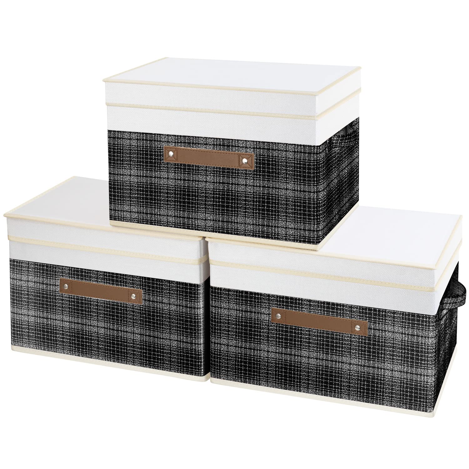 TYEERS Collapsible Storage Box with Lid, Patchwork Design, Decorative, Fabric Storage Box for Clothes, Wardrobe Storage, 38x25x25 cm, Set of 3, Black — image 1