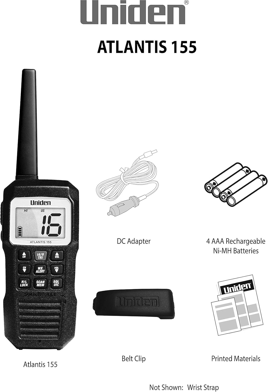 Uniden Atlantis 155 Handheld Two-Way VHF Marine Radio, Floating IPX7 Submersible Waterproof, Dual-Color Screen, All USA/International/Canadian Marine Channels, NOAA Weather Alert, 10 Hour Battery