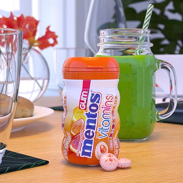 MENTOS VITAMINS GUM, SUGAR FREE GUM WITH VITAMINS AND XYLITOL SWEETENER, CITRUS, 45 COUNT BOTTLE, 6 BOTTLES