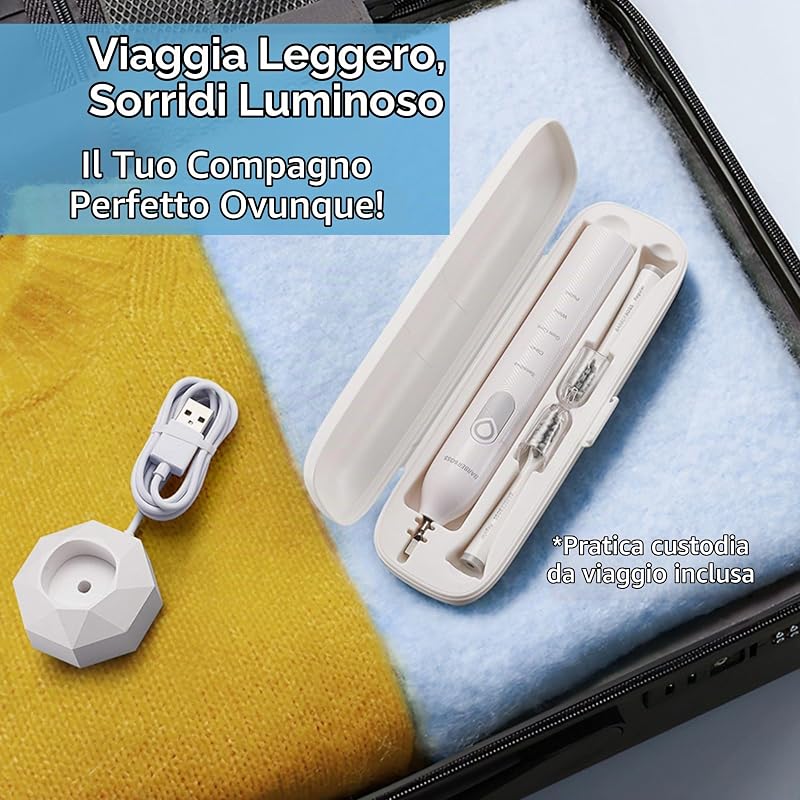 Spazzolino da denti sonico ricaricabile per adulti, 5 modalità di pulizia, spazzolino elettrico, sensore di pressione, 6 testine, batteria da 60 giorni, timer intelligente