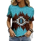 Women's Southwest Tribe Printed T-Shirt Boho Style Casual Round Neck Top Aztec Geometric Bull Head Pattern Shirt