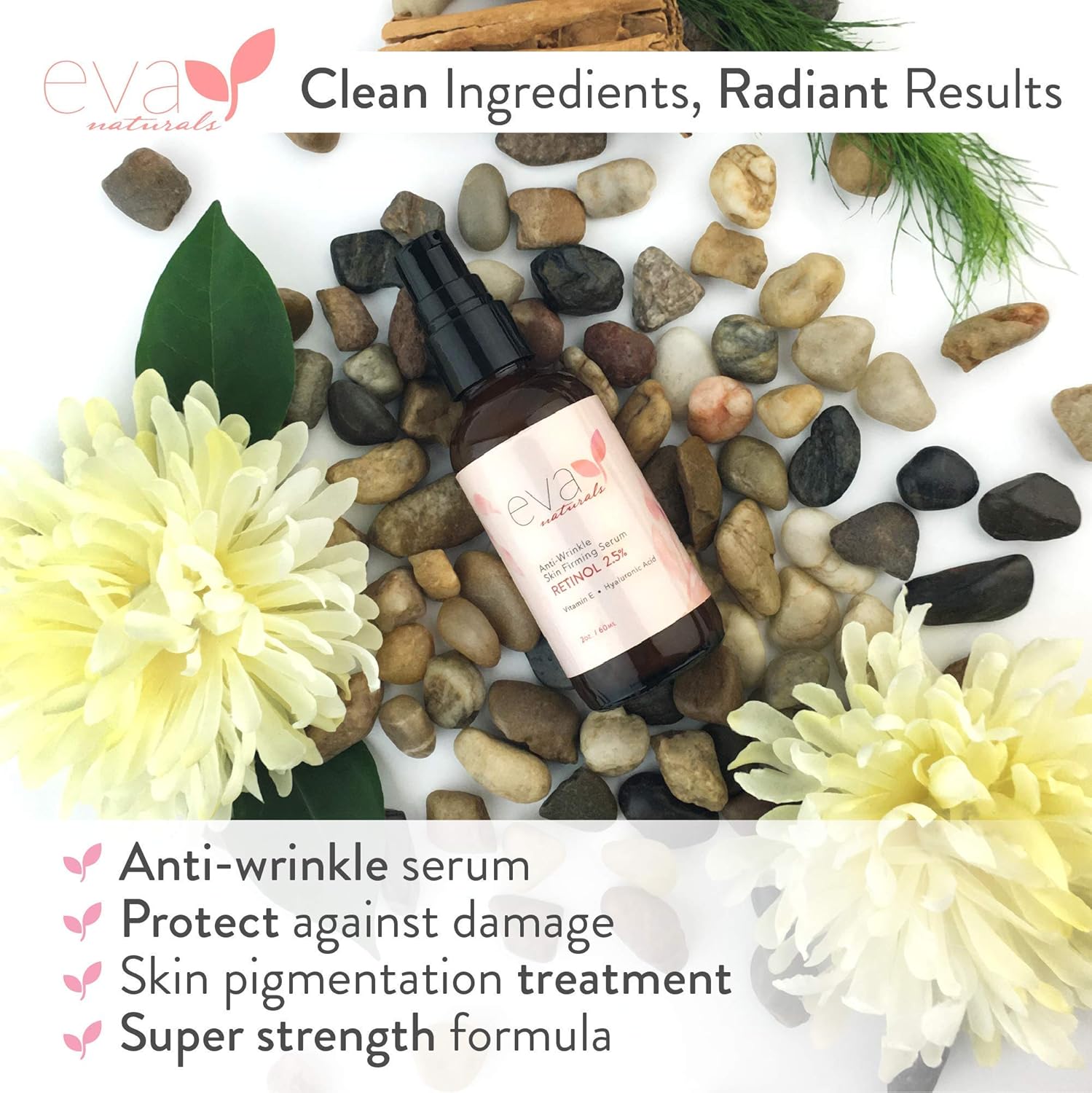 Natural Vitamin A Retinol Serum 2.5%, XL 2 oz. Bottle – Anti-Aging Serum + Vitamin E Oil, Jojoba Oil, Witch Hazel – Hyaluronic Acid Serum for Face Fades Wrinkles, Dark Spots, Damage by Eva Naturals: Beauty