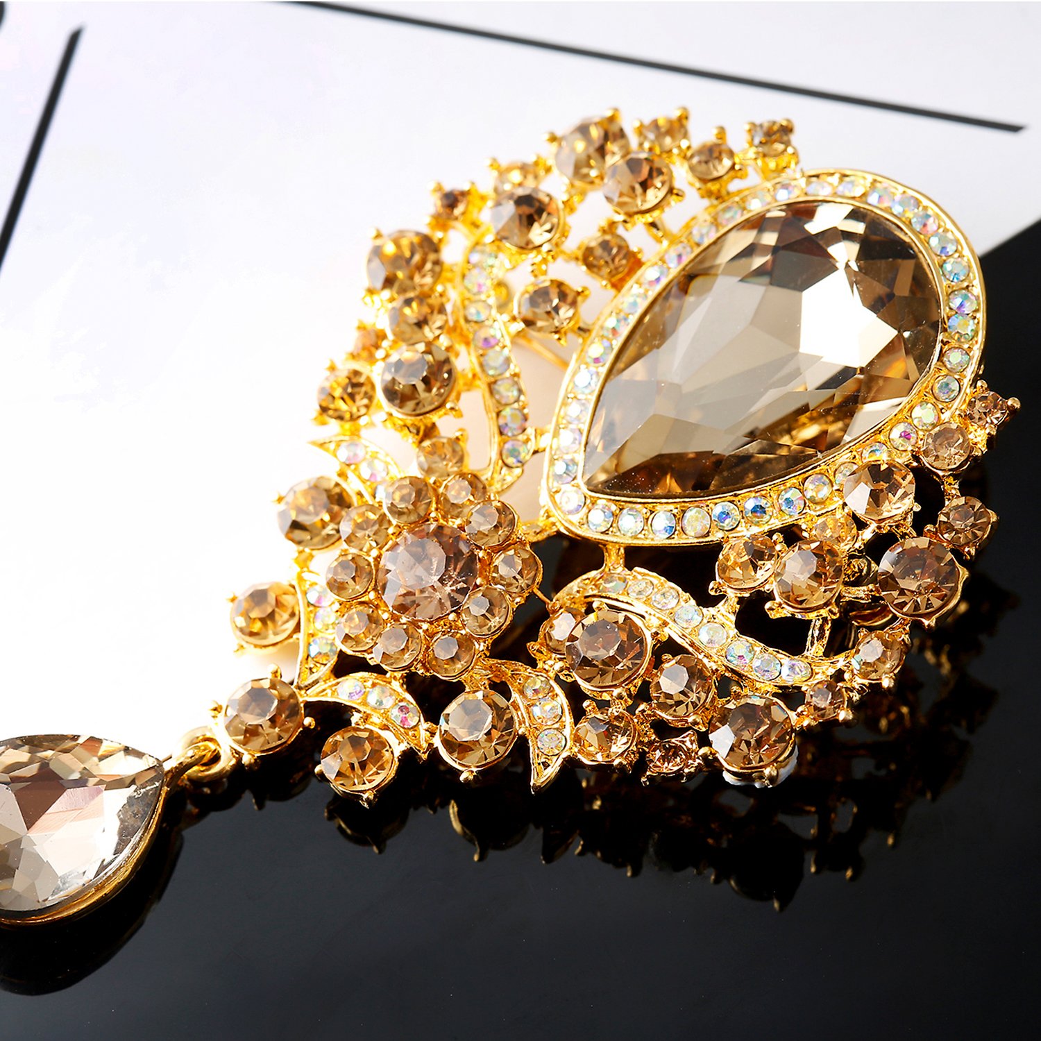 Elehere Crystal Brooch Pin - Large Wedding Dangling Rhinestone Brooch Bouquet DIY, Ceremony Decoration (Champagne Gold)