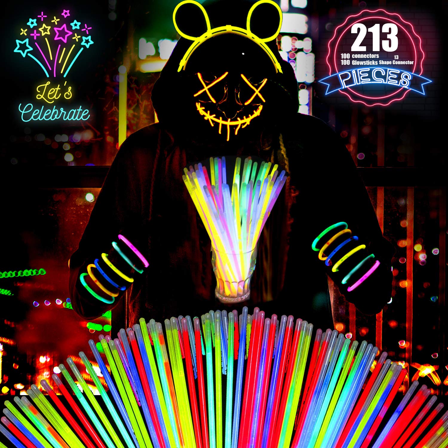 Trimming Shop Premium Glow Sticks for Children 100 Pcs Mega Party Pack with Connectors to Make Glow Bands Necklace Bracelets, Light Up Glow Sticks Kids Party Supplies Christmas Decoration, 213pcs — image 1